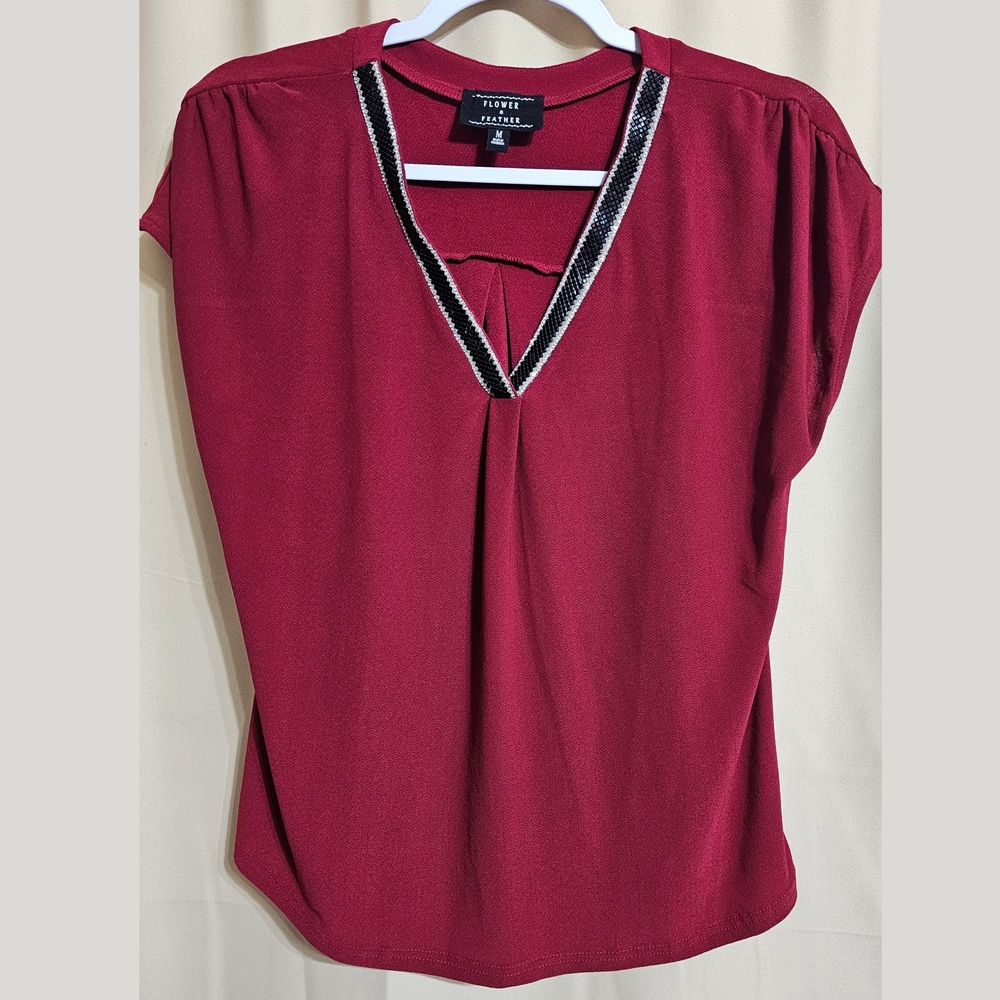 Flower & Feather Deep Red V-Neck Blouse with Shiny Black And Silver Accents